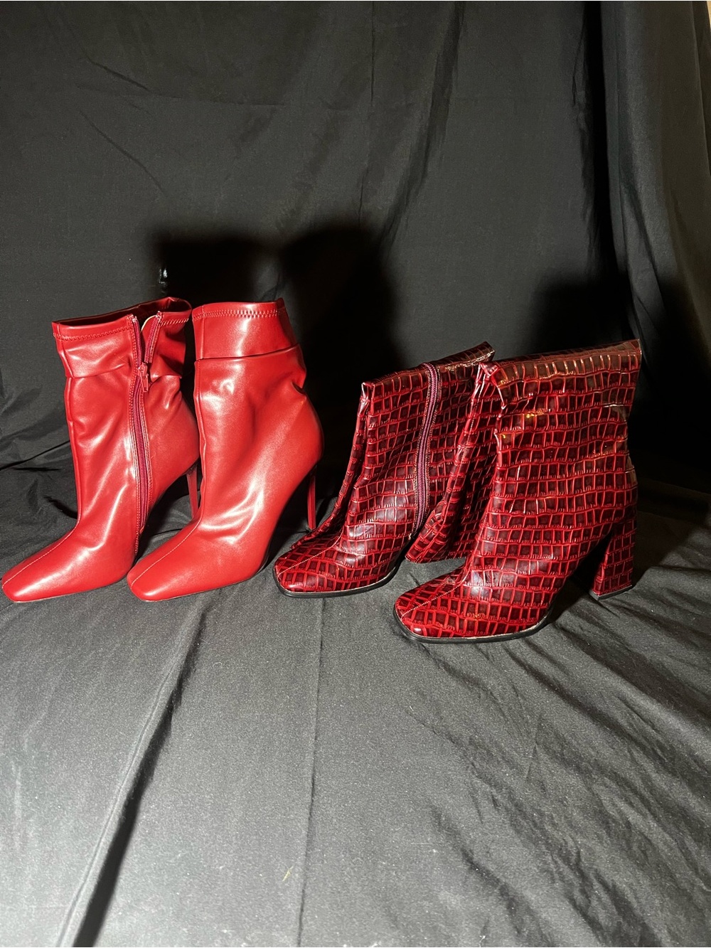 Two Pair of Women's Red High-Heel Boots - Classic and Croc-Embossed Styles